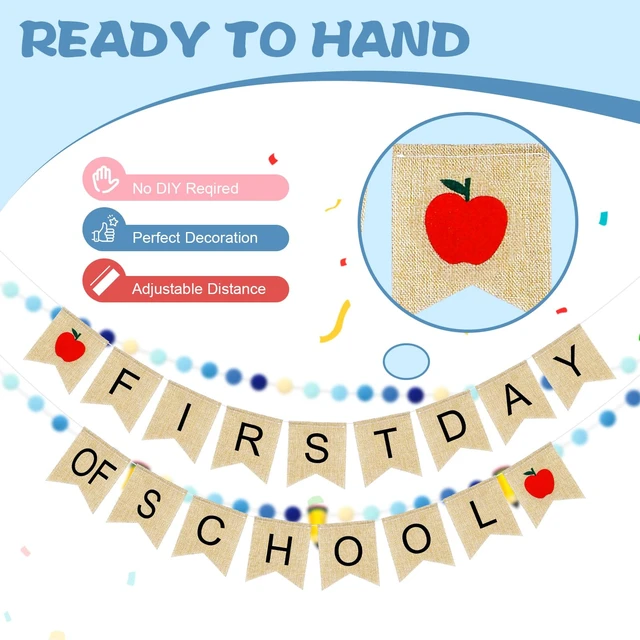 Alt view image 5 of 6 - 4 Pcs 9.84 ft First Day of School Banners Decorations Set, Felt Pencil Ball Garland Colorful Pompom Garland Bunting Burlap Flag Banner for Classroom Back to School Backdrop(Gradient Blue)