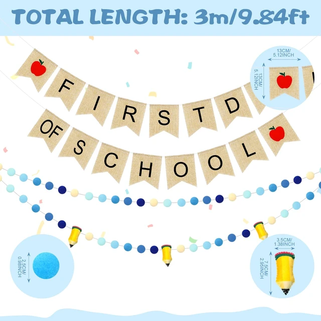 Alt view image 3 of 6 - 4 Pcs 9.84 ft First Day of School Banners Decorations Set, Felt Pencil Ball Garland Colorful Pompom Garland Bunting Burlap Flag Banner for Classroom Back to School Backdrop(Gradient Blue)