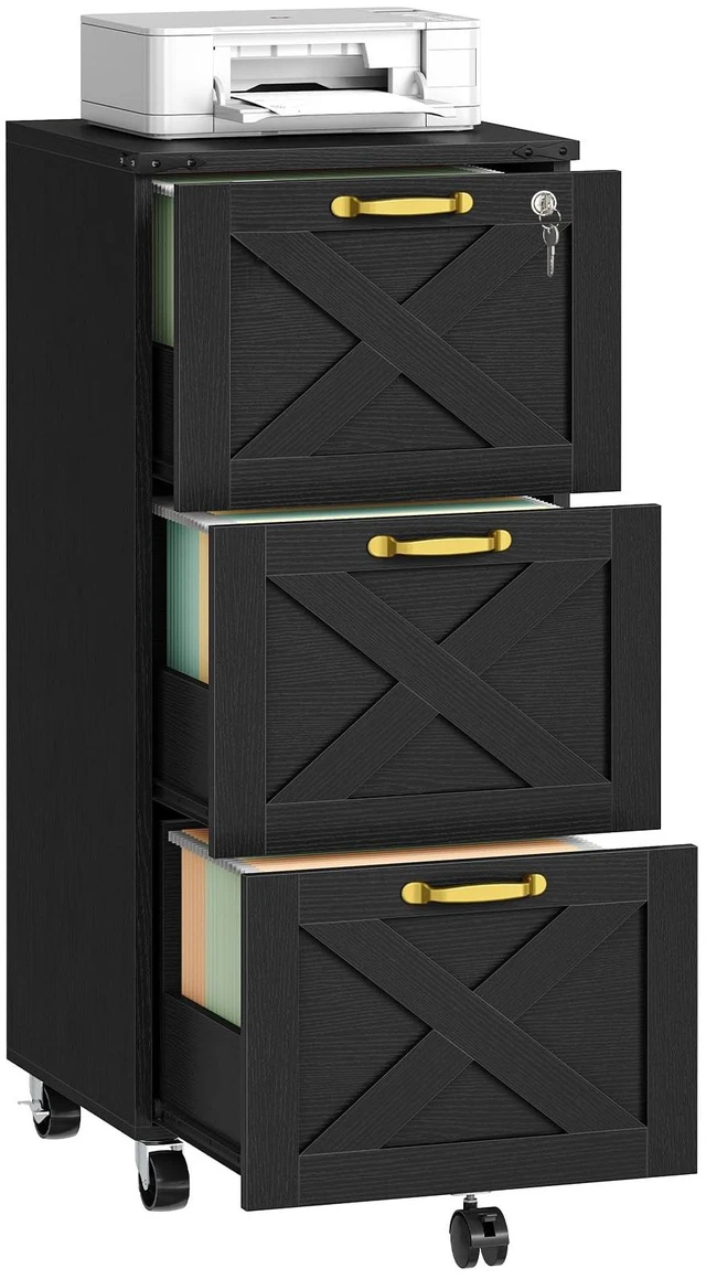 Main image of 3 Drawer File Cabinet with Lock, Mobile Filing Cabinet for Home Office, Wooden Farmhouse Office Storage Cabinet, Printer Stand Fits Letter and A4 Size, Black BK93WJ01