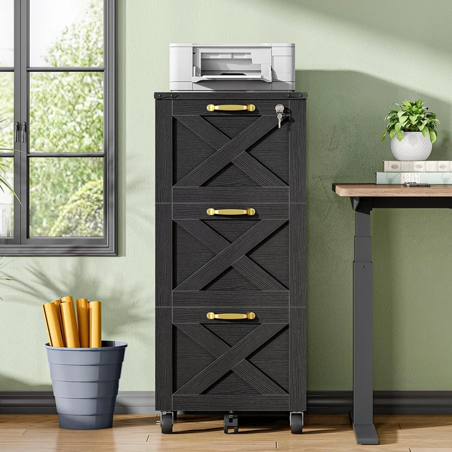 Alt view image 2 of 7 - 3 Drawer File Cabinet with Lock, Mobile Filing Cabinet for Home Office, Wooden Farmhouse Office Storage Cabinet, Printer Stand Fits Letter and A4 Size, Black BK93WJ01