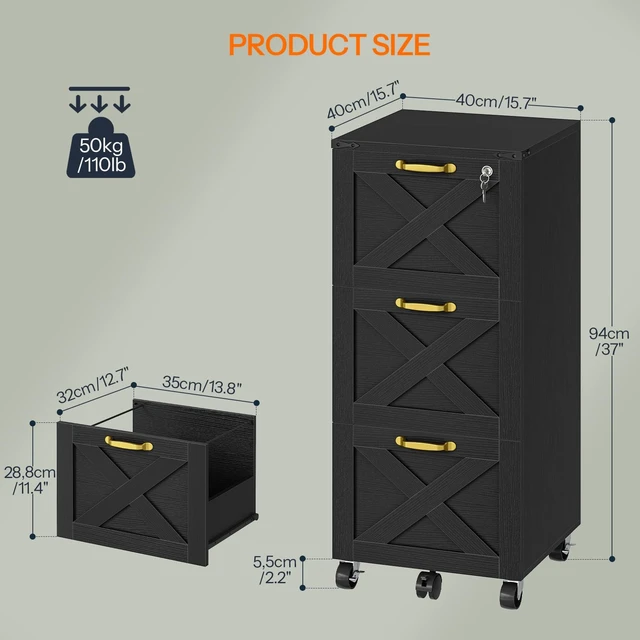 Alt view image 3 of 7 - 3 Drawer File Cabinet with Lock, Mobile Filing Cabinet for Home Office, Wooden Farmhouse Office Storage Cabinet, Printer Stand Fits Letter and A4 Size, Black BK93WJ01