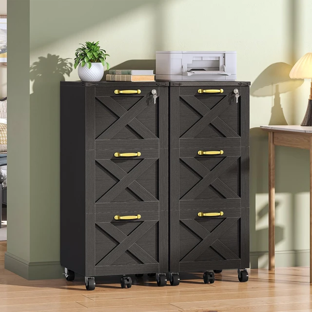 Alt view image 4 of 7 - 3 Drawer File Cabinet with Lock, Mobile Filing Cabinet for Home Office, Wooden Farmhouse Office Storage Cabinet, Printer Stand Fits Letter and A4 Size, Black BK93WJ01