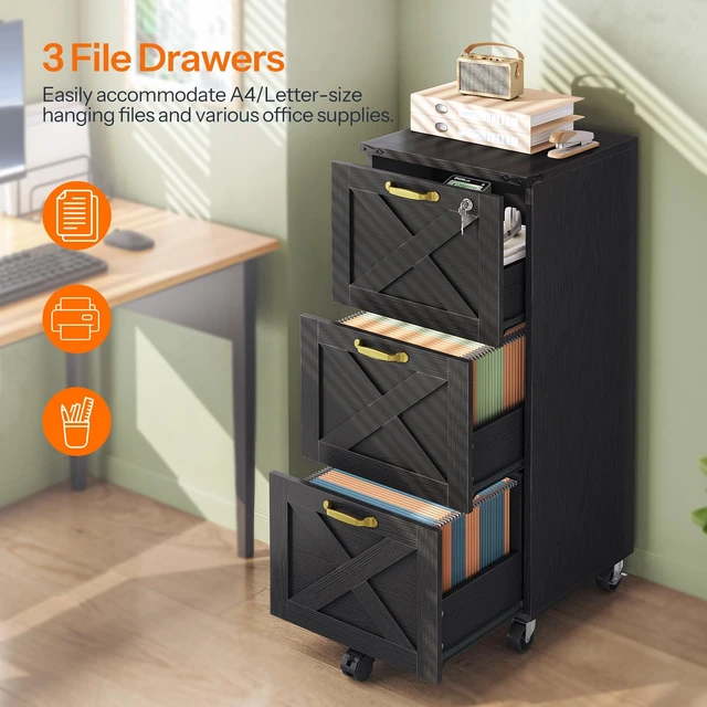 Alt view image 5 of 7 - 3 Drawer File Cabinet with Lock, Mobile Filing Cabinet for Home Office, Wooden Farmhouse Office Storage Cabinet, Printer Stand Fits Letter and A4 Size, Black BK93WJ01