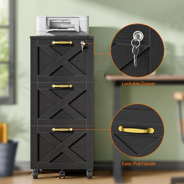 Alt view image 6 of 7 - 3 Drawer File Cabinet with Lock, Mobile Filing Cabinet for Home Office, Wooden Farmhouse Office Storage Cabinet, Printer Stand Fits Letter and A4 Size, Black BK93WJ01