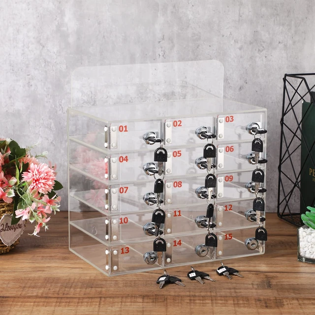 Alt view image 2 of 6 - 15 Slot Cell Phone Locker Box for Classroom with Door Locks and Keys Clear Acrylic Phone Box Storage Cabinet Wall Mounted for Back to School Teacher Students Employee Factory Office