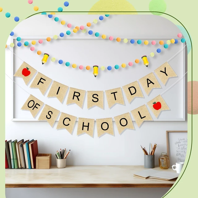 Alt view image 3 of 7 - 4Pcs 9.84ft First Day of School Banner Decoration Set, Earth Felt Pencil Ball Garland Colorful Pompom Garland Bunting Burlap Flag Banner for Classroom Back to School Backdrop