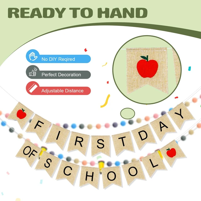 Alt view image 4 of 7 - 4Pcs 9.84ft First Day of School Banner Decoration Set, Earth Felt Pencil Ball Garland Colorful Pompom Garland Bunting Burlap Flag Banner for Classroom Back to School Backdrop