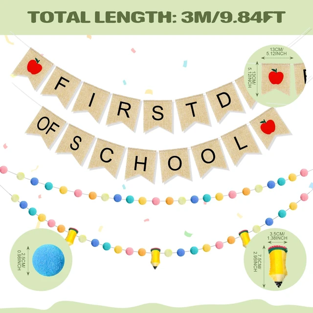 Alt view image 5 of 7 - 4Pcs 9.84ft First Day of School Banner Decoration Set, Earth Felt Pencil Ball Garland Colorful Pompom Garland Bunting Burlap Flag Banner for Classroom Back to School Backdrop