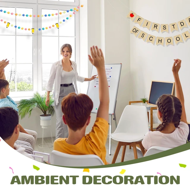 Alt view image 7 of 7 - 4Pcs 9.84ft First Day of School Banner Decoration Set, Earth Felt Pencil Ball Garland Colorful Pompom Garland Bunting Burlap Flag Banner for Classroom Back to School Backdrop