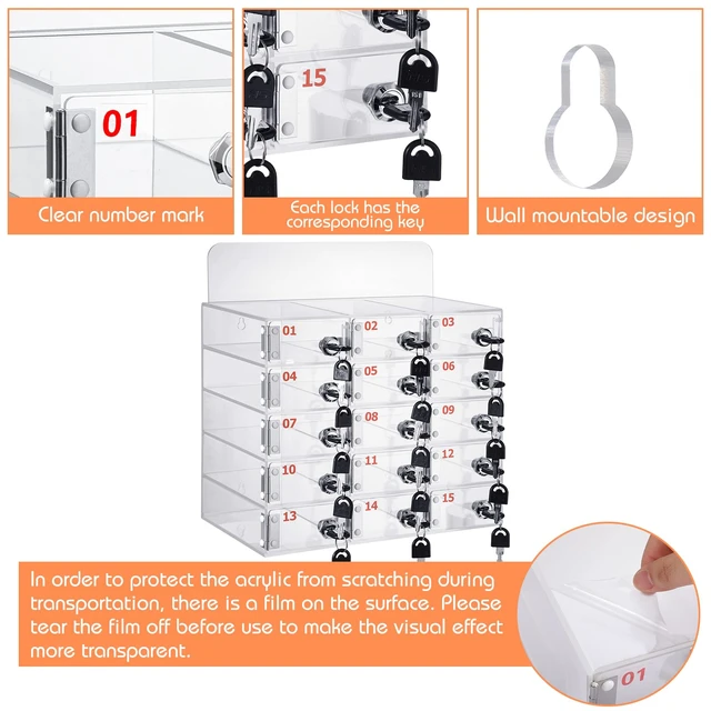 Alt view image 3 of 6 - 15 Slot Cell Phone Locker Box for Classroom with Door Locks and Keys Clear Acrylic Phone Box Storage Cabinet Wall Mounted for Back to School Teacher Students Employee Factory Office