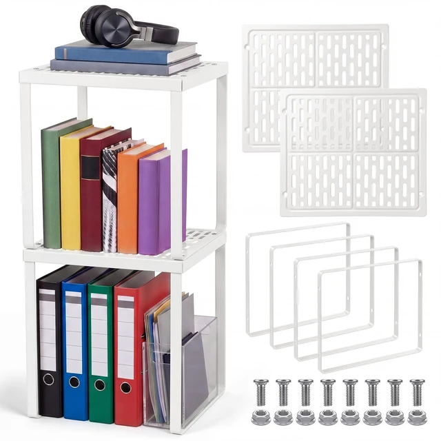 Main image of 2 Pcs Locker Organizer Shelf Stackable 2-Tier Shelves Fits Standard Size School Lockers Heavy Duty Metal Locker Shelf for School Office Gym Lockers Home Storage 11x 10 x 12 Inch(White)
