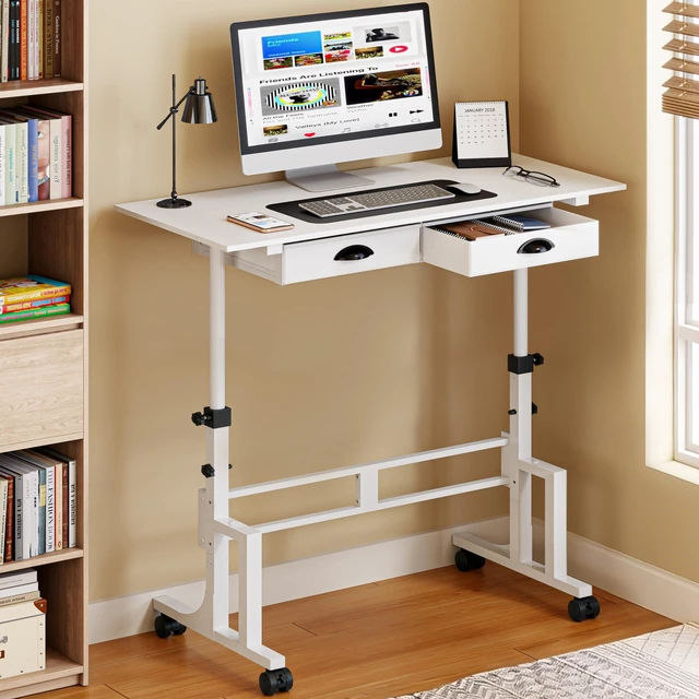Main image of Height Adjustable Standing Desk with 2 Drawers, Small Sit Stand Up Desk with Wheels, Portable Rolling Desk for Walking Pad Treadmill, Computer Office, Adjustable 31.5"-43.3", White, Upgraded Stable