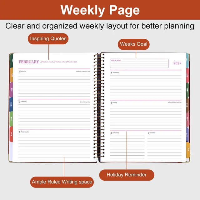 Alt view image 3 of 7 - 2026-2027 Weekly & Monthly Calendar Planner, Jul 2026-Dec 2027 8.5" x 11", Two-Tone Leather Hardcover, Academic Year Agenda for Day Planning, Spiral Bound, Elastic Closure, Inner Pocket