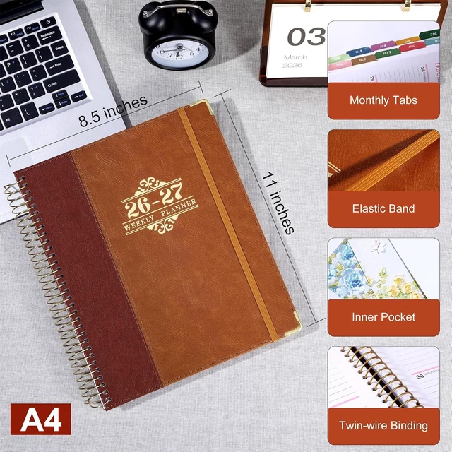 Alt view image 5 of 7 - 2026-2027 Weekly & Monthly Calendar Planner, Jul 2026-Dec 2027 8.5" x 11", Two-Tone Leather Hardcover, Academic Year Agenda for Day Planning, Spiral Bound, Elastic Closure, Inner Pocket