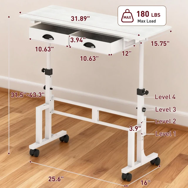 Alt view image 2 of 7 - Height Adjustable Standing Desk with 2 Drawers, Small Sit Stand Up Desk with Wheels, Portable Rolling Desk for Walking Pad Treadmill, Computer Office, Adjustable 31.5"-43.3", White, Upgraded Stable
