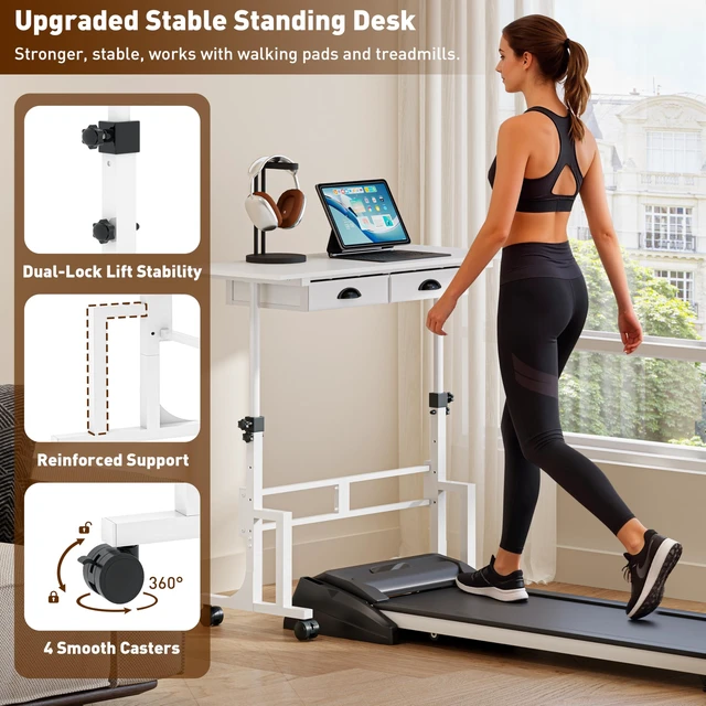 Alt view image 4 of 7 - Height Adjustable Standing Desk with 2 Drawers, Small Sit Stand Up Desk with Wheels, Portable Rolling Desk for Walking Pad Treadmill, Computer Office, Adjustable 31.5"-43.3", White, Upgraded Stable