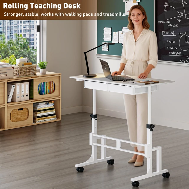 Alt view image 5 of 7 - Height Adjustable Standing Desk with 2 Drawers, Small Sit Stand Up Desk with Wheels, Portable Rolling Desk for Walking Pad Treadmill, Computer Office, Adjustable 31.5"-43.3", White, Upgraded Stable