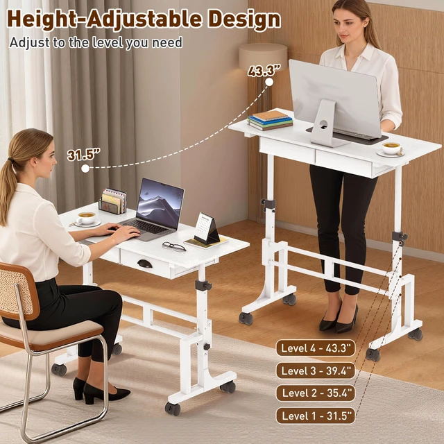Alt view image 6 of 7 - Height Adjustable Standing Desk with 2 Drawers, Small Sit Stand Up Desk with Wheels, Portable Rolling Desk for Walking Pad Treadmill, Computer Office, Adjustable 31.5"-43.3", White, Upgraded Stable