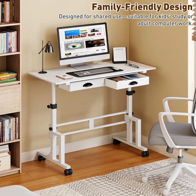 Alt view image 7 of 7 - Height Adjustable Standing Desk with 2 Drawers, Small Sit Stand Up Desk with Wheels, Portable Rolling Desk for Walking Pad Treadmill, Computer Office, Adjustable 31.5"-43.3", White, Upgraded Stable