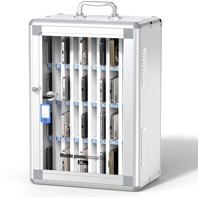 Main image of 36 Slots Cell Phone Storage Locker for Classroom, Portable Phone Locker with Key Lock & Handle, Wall Mounted Phone Lock Box for Office & School, Fits Most Smartphones (Silver)