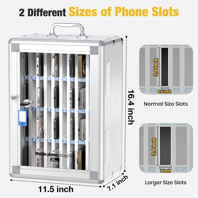 Alt view image 2 of 7 - 36 Slots Cell Phone Storage Locker for Classroom, Portable Phone Locker with Key Lock & Handle, Wall Mounted Phone Lock Box for Office & School, Fits Most Smartphones (Silver)