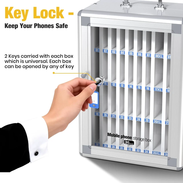 Alt view image 3 of 7 - 36 Slots Cell Phone Storage Locker for Classroom, Portable Phone Locker with Key Lock & Handle, Wall Mounted Phone Lock Box for Office & School, Fits Most Smartphones (Silver)