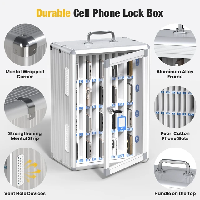 Alt view image 4 of 7 - 36 Slots Cell Phone Storage Locker for Classroom, Portable Phone Locker with Key Lock & Handle, Wall Mounted Phone Lock Box for Office & School, Fits Most Smartphones (Silver)