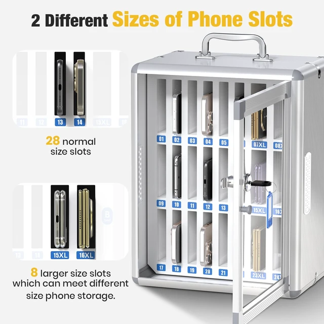 Alt view image 5 of 7 - 36 Slots Cell Phone Storage Locker for Classroom, Portable Phone Locker with Key Lock & Handle, Wall Mounted Phone Lock Box for Office & School, Fits Most Smartphones (Silver)