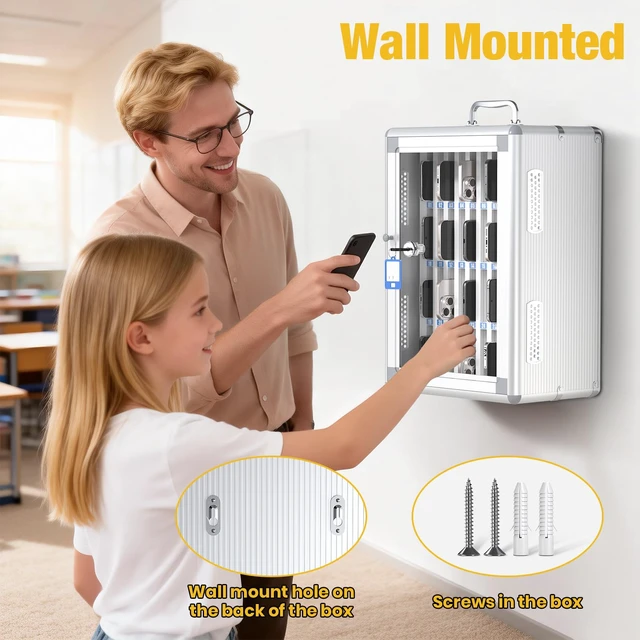 Alt view image 6 of 7 - 36 Slots Cell Phone Storage Locker for Classroom, Portable Phone Locker with Key Lock & Handle, Wall Mounted Phone Lock Box for Office & School, Fits Most Smartphones (Silver)