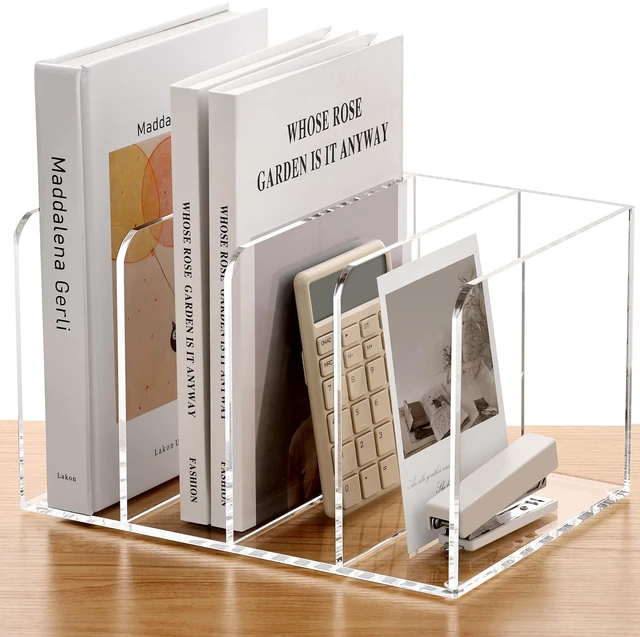 Main image of Acrylic Magazine Holder Desk Organizer Workspace Sorter Clear 4 Slot Bookend File Sorter Holder,Folder Rack, Office Accessories Organization Storage with 4 Vertical Compartments