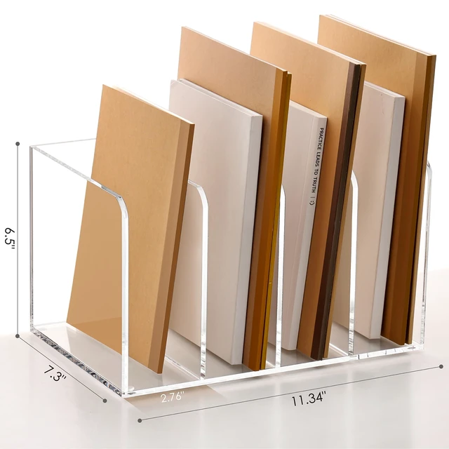 Alt view image 2 of 7 - Acrylic Magazine Holder Desk Organizer Workspace Sorter Clear 4 Slot Bookend File Sorter Holder,Folder Rack, Office Accessories Organization Storage with 4 Vertical Compartments