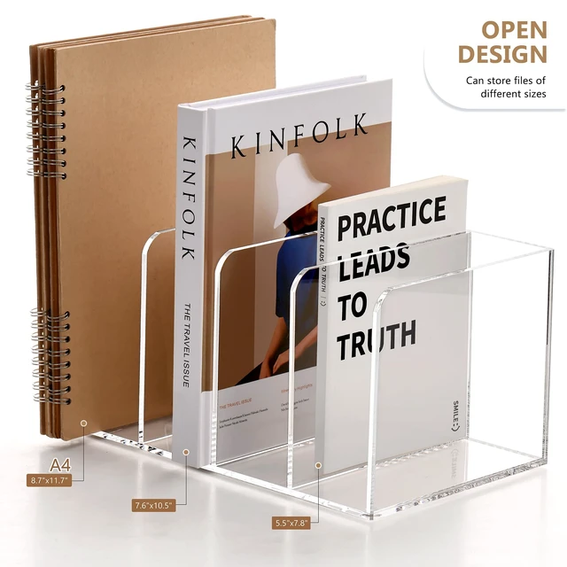 Alt view image 3 of 7 - Acrylic Magazine Holder Desk Organizer Workspace Sorter Clear 4 Slot Bookend File Sorter Holder,Folder Rack, Office Accessories Organization Storage with 4 Vertical Compartments