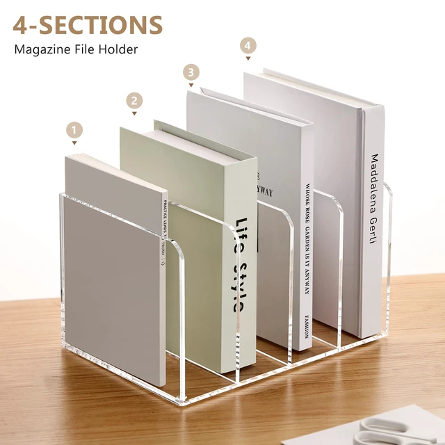 Alt view image 4 of 7 - Acrylic Magazine Holder Desk Organizer Workspace Sorter Clear 4 Slot Bookend File Sorter Holder,Folder Rack, Office Accessories Organization Storage with 4 Vertical Compartments