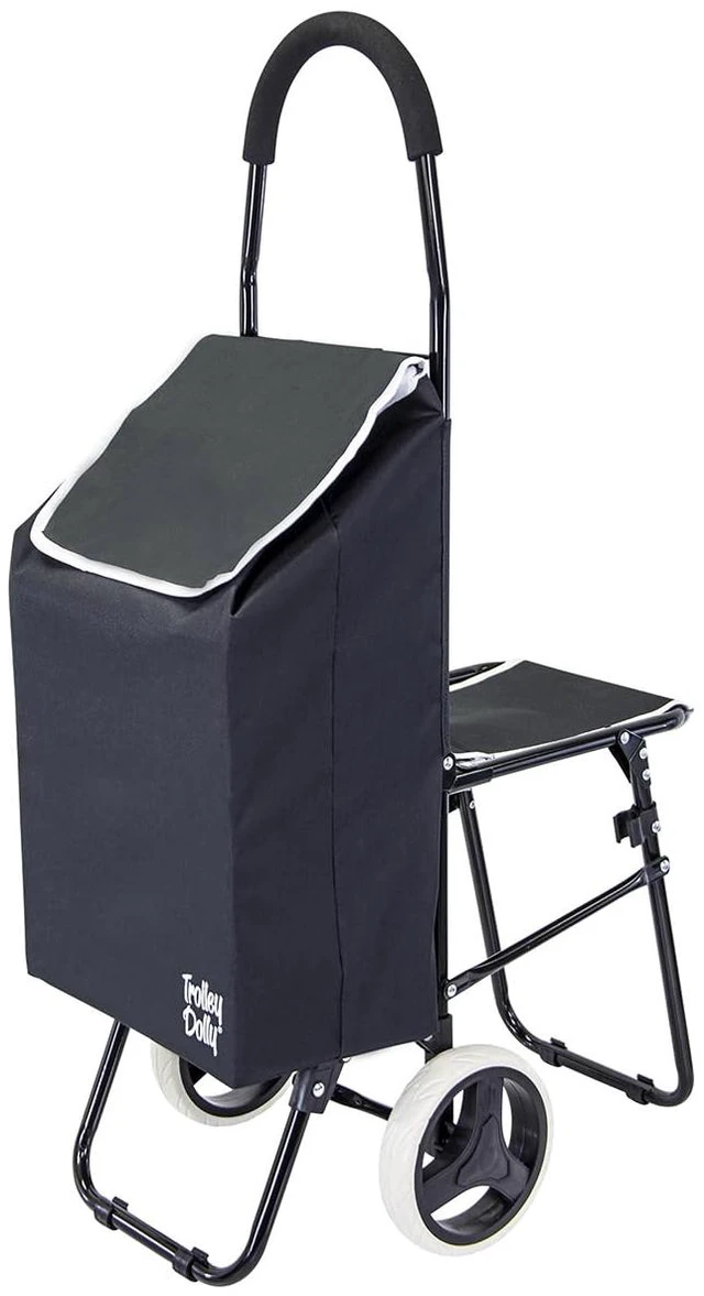 Main image of Trolley Dolly Sport with Chair Foldable Grocery Cart on Wheels Multi Use Rolling Cart with Built-in Seat, Removable Bag, and Hand Truck Dolly Function, Black