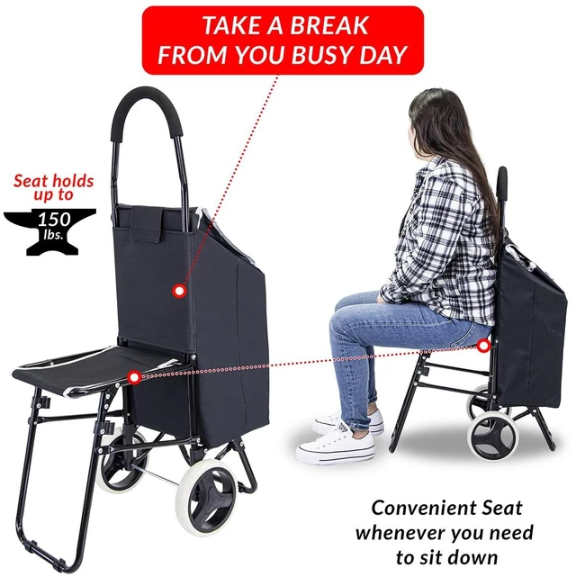 Alt view image 3 of 6 - Trolley Dolly Sport with Chair Foldable Grocery Cart on Wheels Multi Use Rolling Cart with Built-in Seat, Removable Bag, and Hand Truck Dolly Function, Black