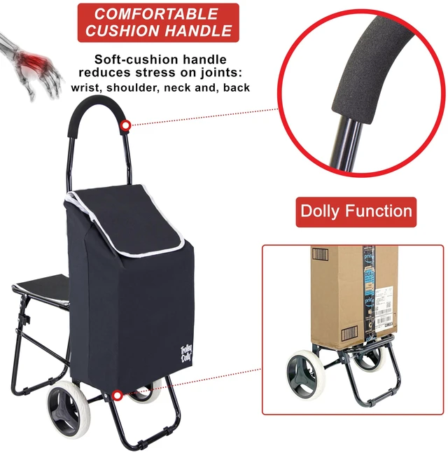 Alt view image 2 of 6 - Trolley Dolly Sport with Chair Foldable Grocery Cart on Wheels Multi Use Rolling Cart with Built-in Seat, Removable Bag, and Hand Truck Dolly Function, Black