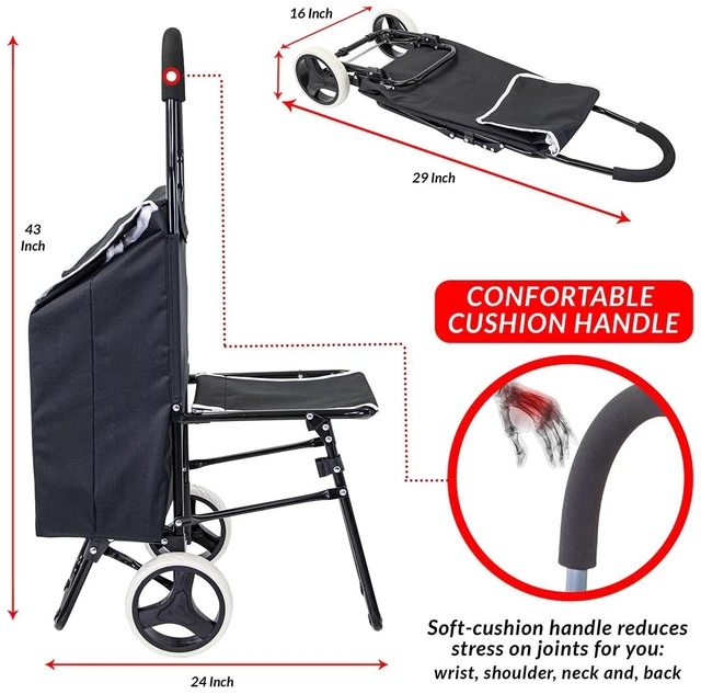 Alt view image 4 of 6 - Trolley Dolly Sport with Chair Foldable Grocery Cart on Wheels Multi Use Rolling Cart with Built-in Seat, Removable Bag, and Hand Truck Dolly Function, Black