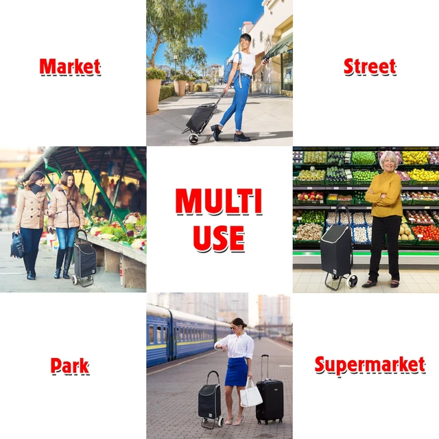 Alt view image 6 of 6 - Trolley Dolly Sport with Chair Foldable Grocery Cart on Wheels Multi Use Rolling Cart with Built-in Seat, Removable Bag, and Hand Truck Dolly Function, Black