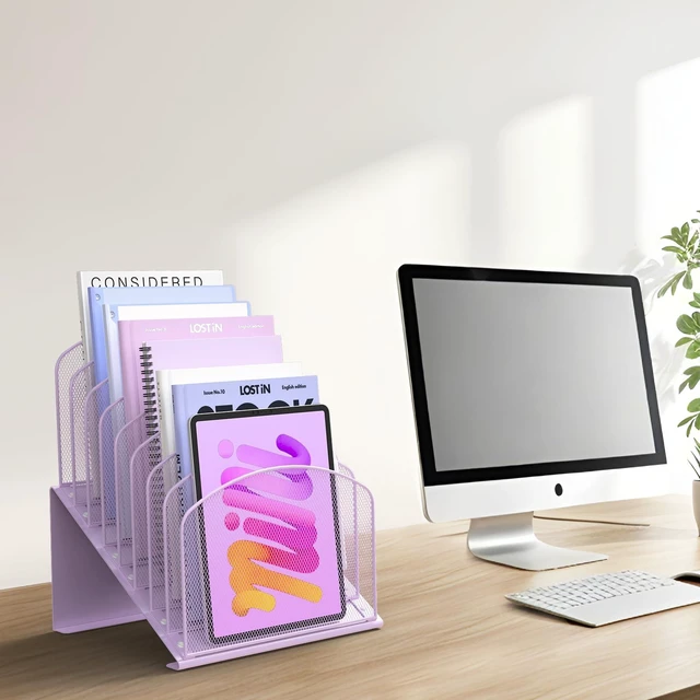 Alt view image 5 of 5 - Inclined Desk File Organizer Folder Holder with 8-Section, Purple