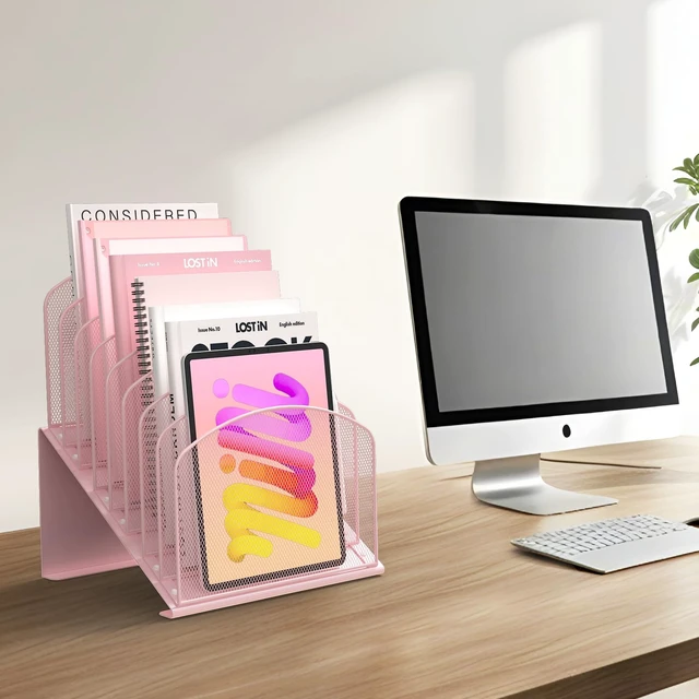 Alt view image 5 of 5 - Inclined Desk File Organizer Folder Holder with 8-Section, Pink