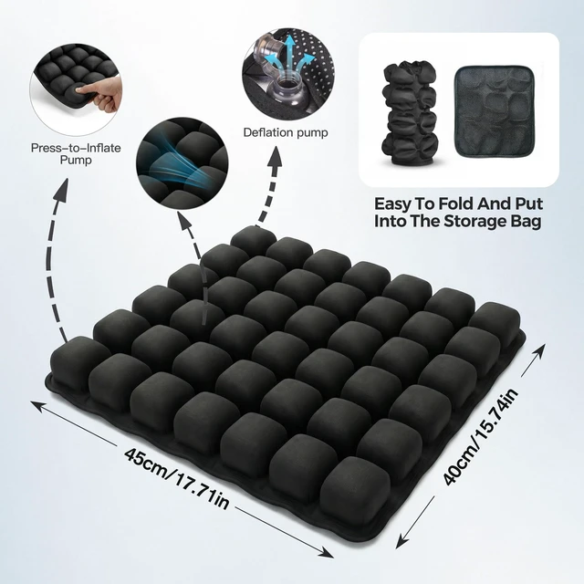 Alt view image 3 of 7 - Travel Cushion Airplane Seat for Long Flights Built in Inflatable Air Pump 42 Airbags Press-Type Wheelchair Seat Cushion for Car,Office,Stadium,Ergonomic Comfort Support Pressure Relief-Black
