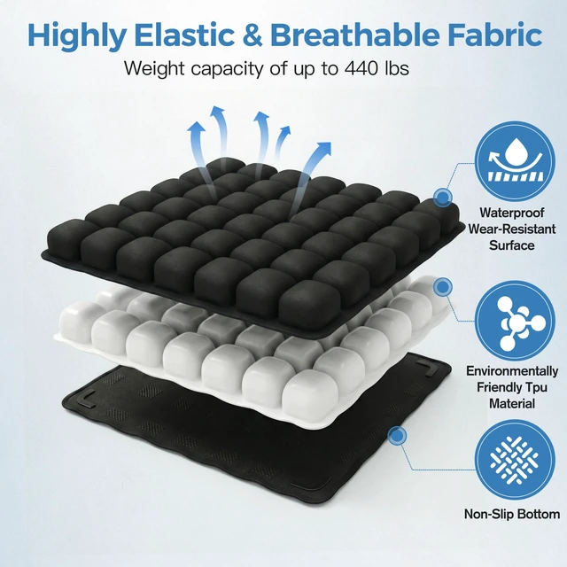 Alt view image 6 of 7 - Travel Cushion Airplane Seat for Long Flights Built in Inflatable Air Pump 42 Airbags Press-Type Wheelchair Seat Cushion for Car,Office,Stadium,Ergonomic Comfort Support Pressure Relief-Black