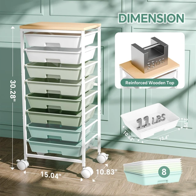 Alt view image 2 of 7 - Utility Cart Organizers with Wheels and 8 Drawers, Little Rolling Craft Cart with Wooden Tabletop for Classroom, Office, Living Room, Craft Room, Green
