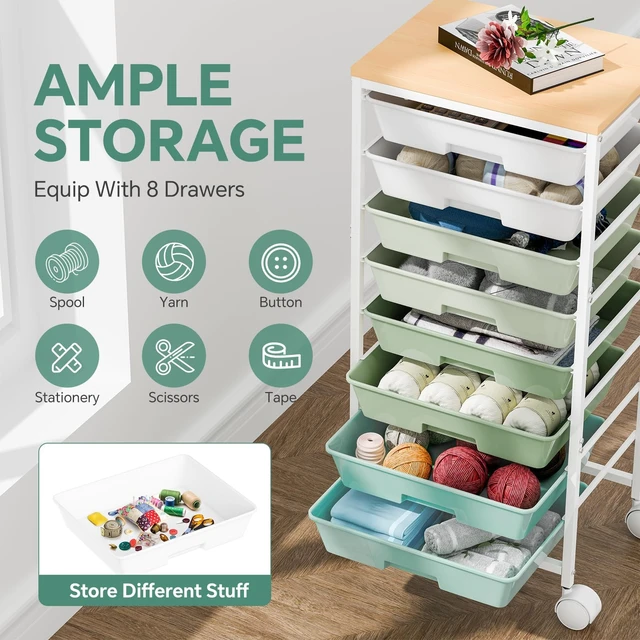 Alt view image 4 of 7 - Utility Cart Organizers with Wheels and 8 Drawers, Little Rolling Craft Cart with Wooden Tabletop for Classroom, Office, Living Room, Craft Room, Green