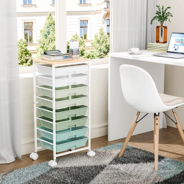 Alt view image 3 of 7 - Utility Cart Organizers with Wheels and 8 Drawers, Little Rolling Craft Cart with Wooden Tabletop for Classroom, Office, Living Room, Craft Room, Green