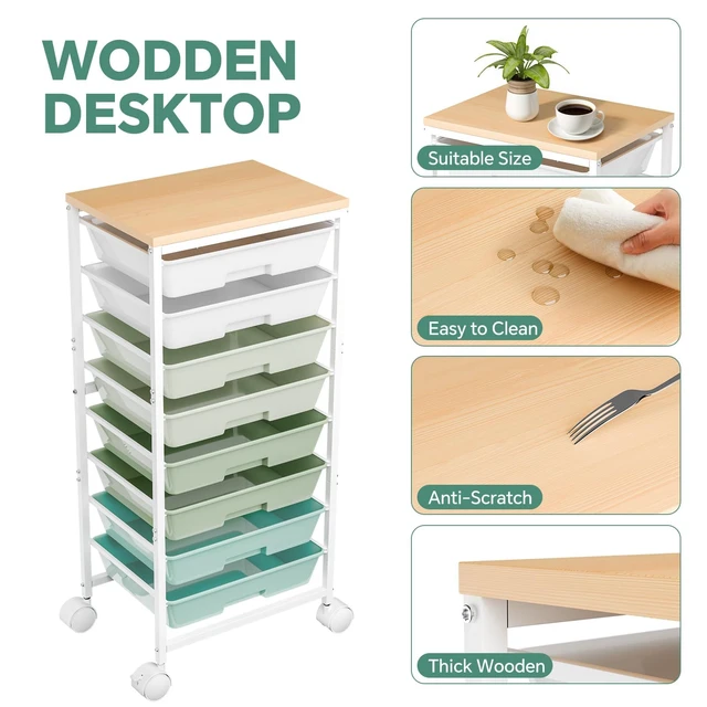Alt view image 5 of 7 - Utility Cart Organizers with Wheels and 8 Drawers, Little Rolling Craft Cart with Wooden Tabletop for Classroom, Office, Living Room, Craft Room, Green
