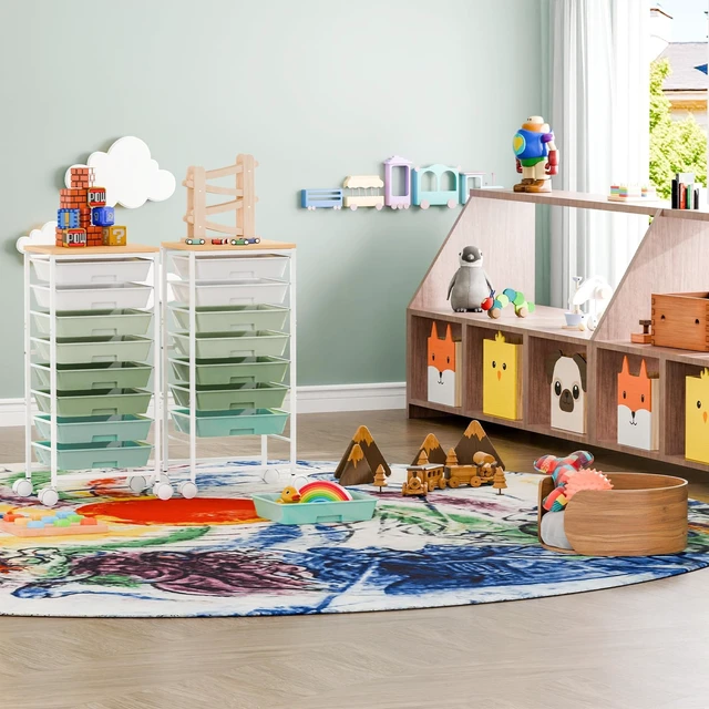 Alt view image 7 of 7 - Utility Cart Organizers with Wheels and 8 Drawers, Little Rolling Craft Cart with Wooden Tabletop for Classroom, Office, Living Room, Craft Room, Green