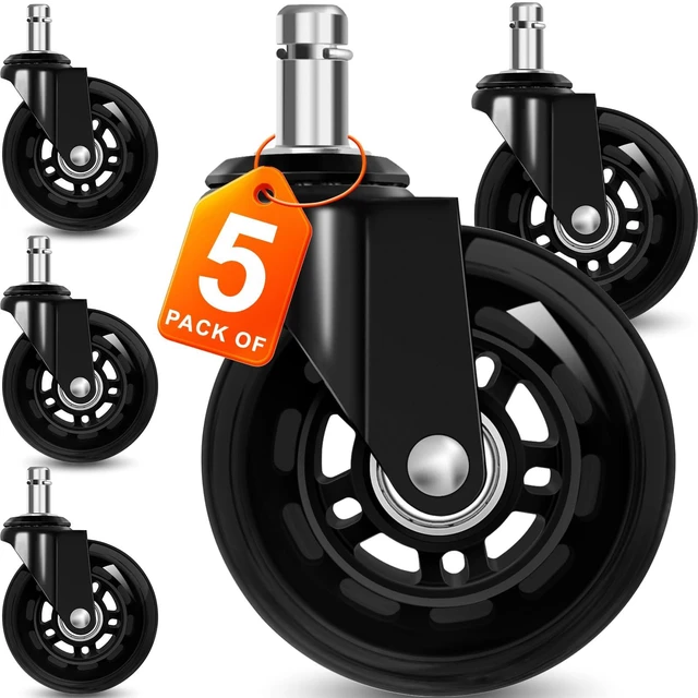 Main image of Office Chair Wheels for Casters Replacement - 3" Rubber Wheels for Computer Gaming Desk Caster Smooth & Safe Rolling for All Floors Including Hardwood and Carpet - Set of 5 - Black