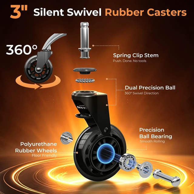 Alt view image 2 of 7 - Office Chair Wheels for Casters Replacement - 3" Rubber Wheels for Computer Gaming Desk Caster Smooth & Safe Rolling for All Floors Including Hardwood and Carpet - Set of 5 - Black