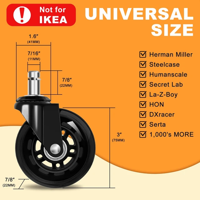 Alt view image 4 of 7 - Office Chair Wheels for Casters Replacement - 3" Rubber Wheels for Computer Gaming Desk Caster Smooth & Safe Rolling for All Floors Including Hardwood and Carpet - Set of 5 - Black